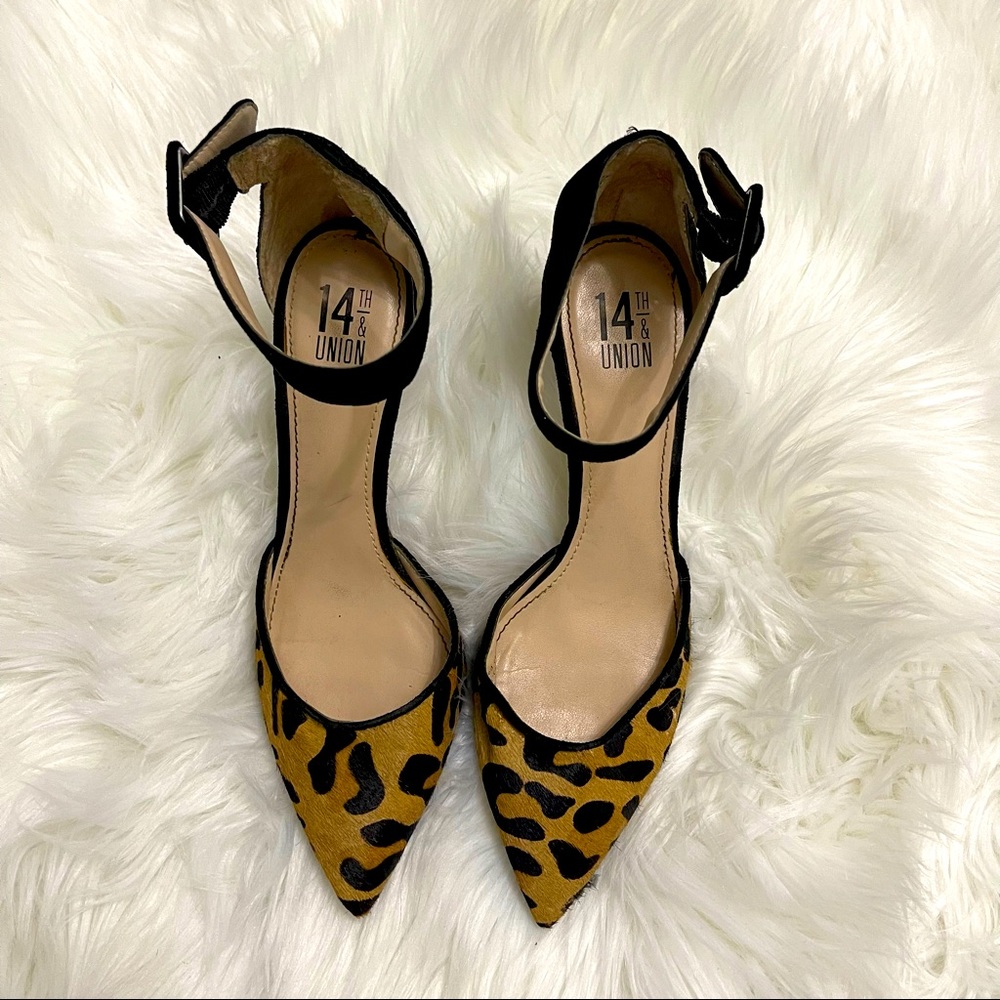 14th & Union | Leather & Pony Hair Cheetah Print Ankle Pumps | 6.5M